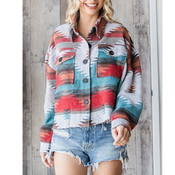 Boho Aztec Tribal Yellowstone Distressed Flannel Shirt Jacket Shacket - Picture 4 of 7